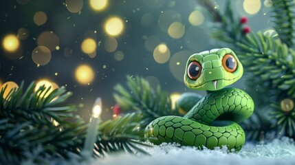 Green little snake is sitting by the Christmas tree, in the style of iconic pop culture caricatures, cute and dreamy