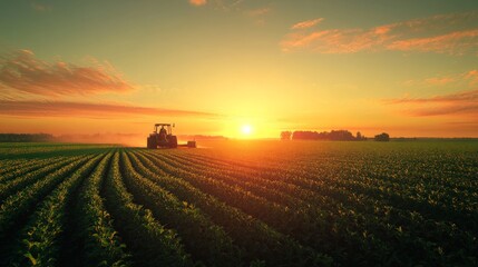 Fototapeta premium Tranquil farmland landscape at sunrise with tractor working in the distance, representing agricultural prosperity and rural tranquility.