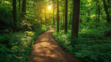 Obraz premium Tranquil forest path with lush green trees and sunlight filtering through the canopy, offering a serene nature escape.