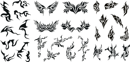 Vector set of y3k, gothic tattoos, signs, tribal icon silhouettes. Metal elements, punk graphics, wave rock logos.