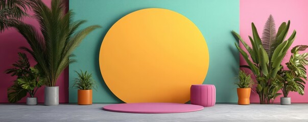 A vibrant studio setting with colorful walls, geometric backdrop, and lush plants, perfect for creative photo shoots.