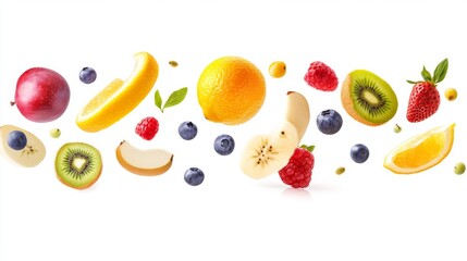 Flying different fresh fruits in air on white background. Falling fruits mix multifruit