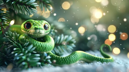Green little snake is sitting by the Christmas tree, in the style of iconic pop culture caricatures, cute and dreamy