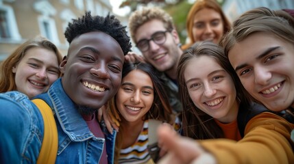 Obraz premium A group of multiethnic friends taking a selfie together.