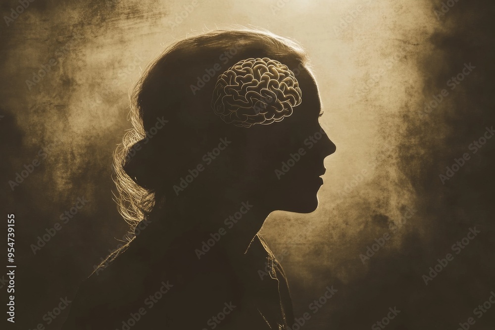 Sticker Synaptic plasticity Memory Silhouette of a woman with a glowing brain capturing the light of knowledge and the illumination of intellectual growth in a reflective moment