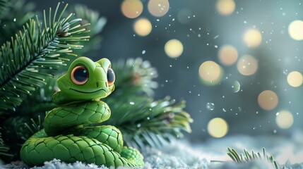 Green little snake is sitting by the Christmas tree, in the style of iconic pop culture caricatures, cute and dreamy