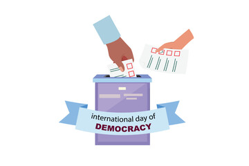 Hands inserting vote papers into a box, ribbon with text International Day of Democracy