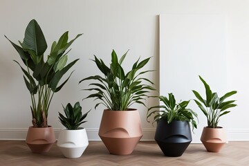 Stylish Indoor Plant Display in Artistic Pots on Minimalist Backdrop