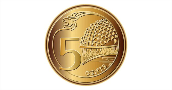 Singapore five cents 2013-2019 appear on the screen with a captivating style. Animated vector coin. Money animation.