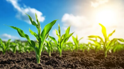 Obraz premium Young green corn plants growing on fertile soil in a field against a sunny blue sky, symbolizing growth, agriculture, and farming