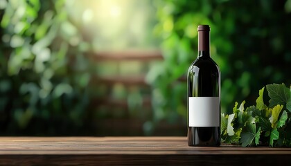 Fototapeta premium A bottle of wine sits elegantly on a wooden table surrounded by lush greenery, perfect for vineyard or hospitality themes.