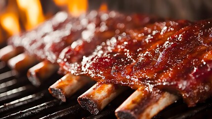 Close-up of tender, juicy ribs glistening with BBQ sauce.