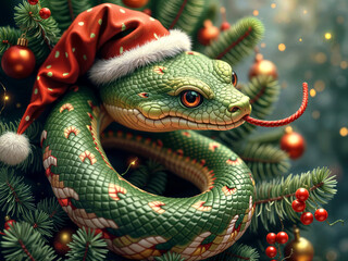 Fototapeta premium Elegant and charming snake symbol of the year on decorative Christmas background . Generative AI