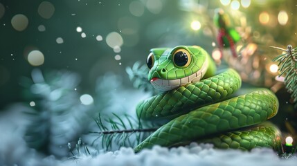 Green little snake is sitting by the Christmas tree, in the style of iconic pop culture caricatures, cute and dreamy