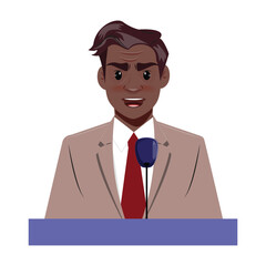 Illustration of a confident black man giving a speech on stage, symbolising leadership and public speaking