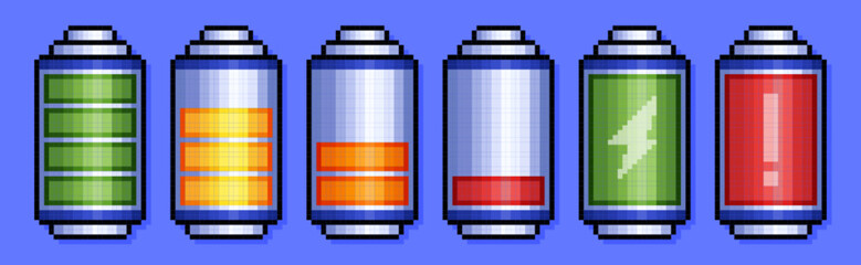 Pixel battery power indicator icons set, charging accumulator sign. Phone energy levels with electricity symbol in 8bit retro style. Pixelated full and low charge status, progress bars on background
