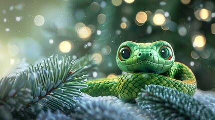 Green little snake is sitting by the Christmas tree, in the style of iconic pop culture caricatures, cute and dreamy