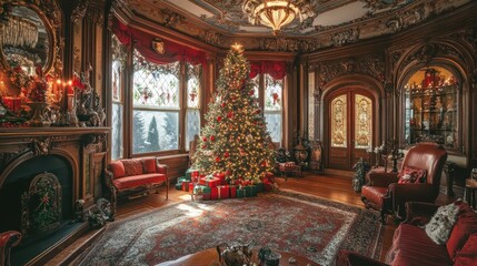 Obraz premium Cozy and Festive Victorian-Style Christmas Living Room