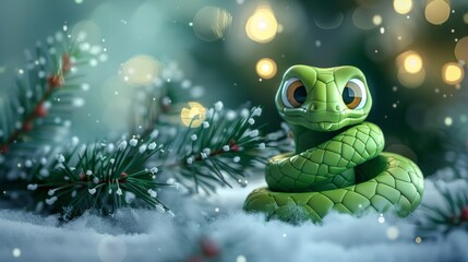 Green little snake is sitting by the Christmas tree, in the style of iconic pop culture caricatures, cute and dreamy