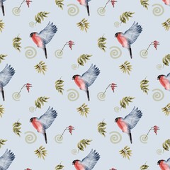 seamless pattern of watercolor rowan leaves and bullfinches classic design on a white background