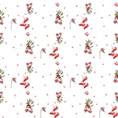 seamless pattern watercolor berries and leaves rowan classic design on white background red and green