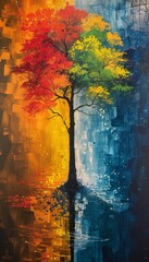 Abstract Tree Painting With Warm and Cold Colors