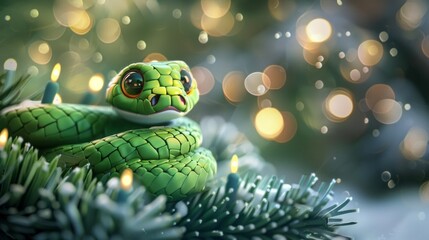 Green little snake is sitting by the Christmas tree, in the style of iconic pop culture caricatures, cute and dreamy