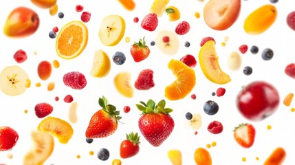 Flying different fresh fruits in air on white background. Falling fruits mix multifruit