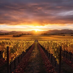 Fototapeta premium Breathtaking Sunset Over a Vibrant Vineyard Landscape