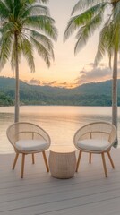 Fototapeta premium A stylish lounge on a villa deck showcases colorful cushions and panoramic ocean views during the enchanting golden hour light