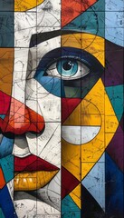 Fototapeta premium Abstract Mosaic Art Portrait with Eye Lips and Geometric Shapes