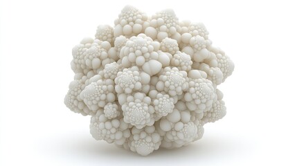 A beautifully detailed crown of romanesque cauliflower stands out against a white backdrop, showcasing intricate textures and patterns in stunning clarity.