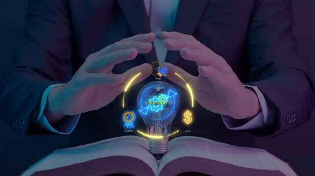 Business efficiency concept, how much a company or organization can produce as it relates to time, cost and quality. Businessman shows glowing neon line of efficiency icon inside lightbulb.