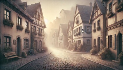 Fototapeta premium Misty Morning in a Quaint European Village Street