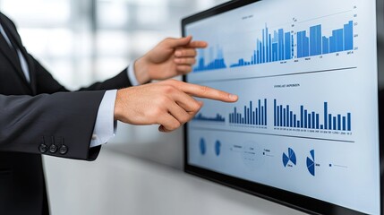 A business professional demonstrates data analytics on a screen, engaging colleagues in an intense discussion about digital marketing and sales strategies for growth.