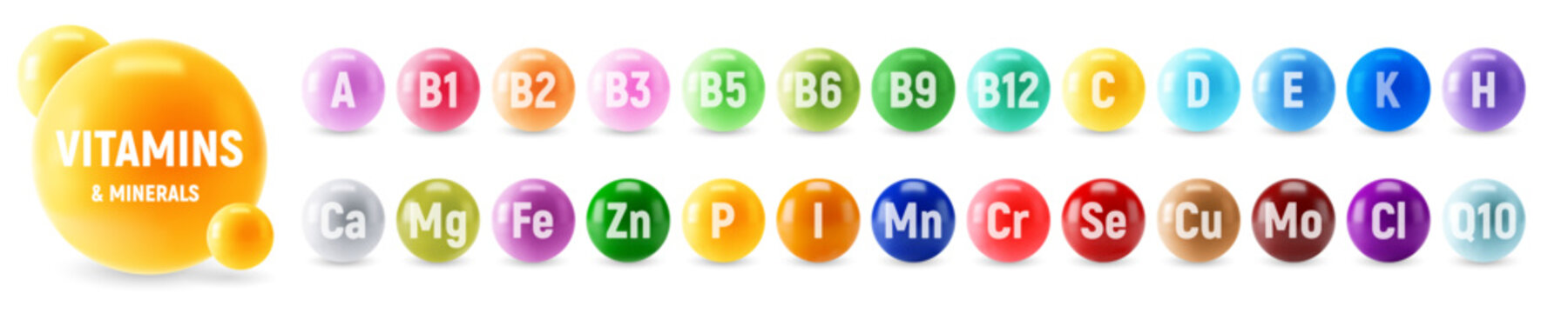 Set of Multivitamin and Minerals supplement 3d vector icons. A, B1, B2, B3, B5, B6, B9, B12, C, D, E, K, H, Fe, I, Ca, Cl, Mg, Mn, Mo, Cu, Se, Cr, Zn, P, Q10. Essential vitamin and mineral complex