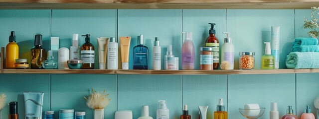 Colorful skincare products on wooden shelves with a teal background