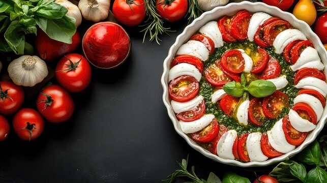 A vibrant Italian ratatouille showcases fresh vegetables in a pan, arranged artfully, with ample empty space for text or additional design elements