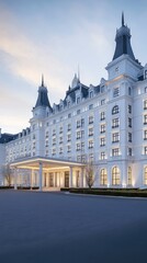 Fototapeta premium The luxurious hotel features classical design elements, tall ceilings, and radiant lighting that enhances its elegant facade at twilight