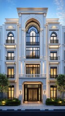 Obraz premium The luxurious hotel features classical design elements, tall ceilings, and radiant lighting that enhances its elegant facade at twilight