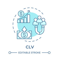 CLV soft blue concept icon. Customer value, sales statistics. Profitability metrics. Round shape line illustration. Abstract idea. Graphic design. Easy to use in infographic, presentation