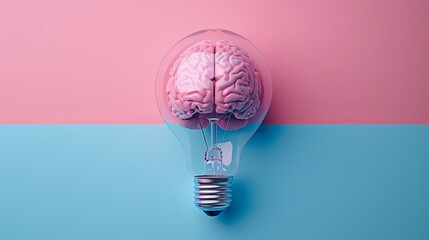 Brain Inside Light Bulb  Pink and Blue Background