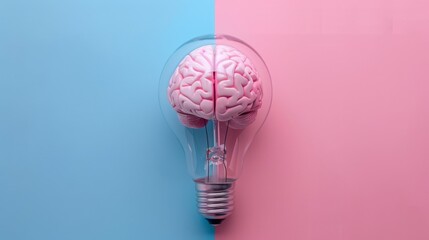 Pink Brain Light Bulb on Blue and Pink Background