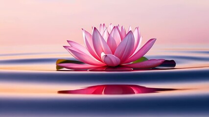 Pink lotus flower on calm water at sunset, peaceful nature and serenity concept