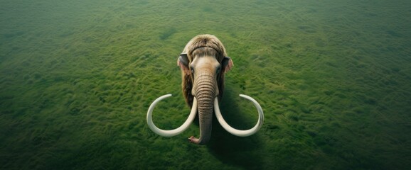 Aerial view of a Woolly Mammoth in a lush valley, copy space, natural lighting