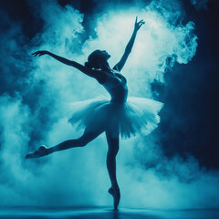 ballerina gracefully dancing in foggy spotlight