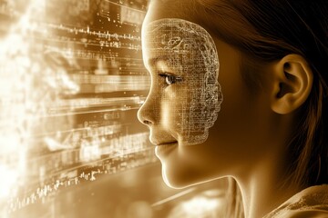 Obraz premium Brain regions Perception Woman with a digital brain overlay illustrating the interface between human thought and artificial intelligence in a technological world