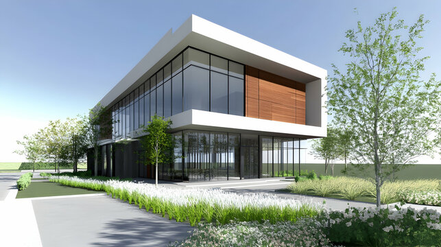A two-story modern office building featuring a small industrial minimalist design that incorporates glass elements.