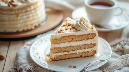 Pastry shop. Beautifully decorated cafe table. Piece of cake and cup of tea on the table in the restaurant. Dessert. Cake.