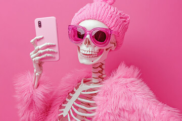 Cheerful girl skeleton in a fur jacket and hat taking selfie on pink background. Generated by artificial intelligence